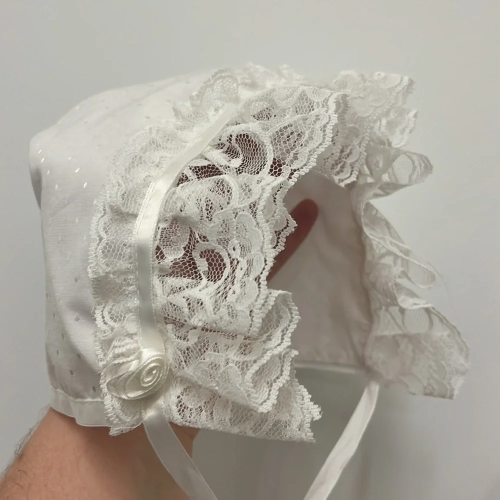 Vintage Baptism Christening Dress 3 Months 3-Piece Cape Bonnet White Lace Trim - Picture 9 of 12